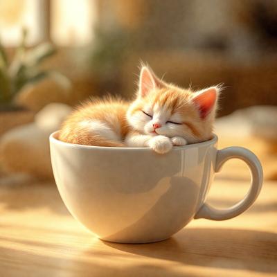 The primary subject of the image is a small orange and white kitten sleeping inside a white coffee mug. The setting is a table, and the visual style appears to be a photo. The dominant colors are white and orange, creating a warm and cozy atmosphere.